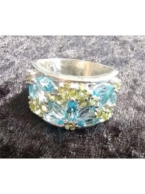 Vintage Ralph Lauren 925 Periodot Blue Topaz Gemstone Flower Cigar Band Ring 9.5